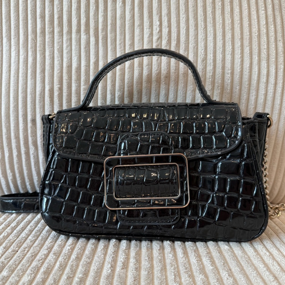 Black Patent Faux Croc Crossbody Purse